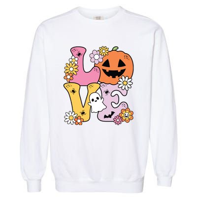 Groovy Love Halloween Floral Pumpkin Ghost Retro Garment-Dyed Sweatshirt