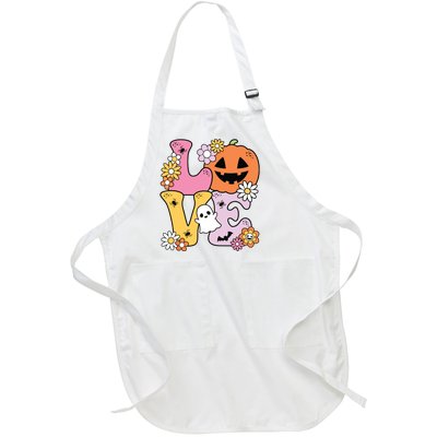 Groovy Love Halloween Floral Pumpkin Ghost Retro Full-Length Apron With Pockets