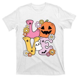 Groovy Love Halloween Floral Pumpkin Ghost Retro T-Shirt