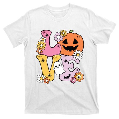 Groovy Love Halloween Floral Pumpkin Ghost Retro T-Shirt