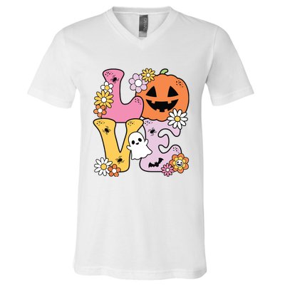 Groovy Love Halloween Floral Pumpkin Ghost Retro V-Neck T-Shirt