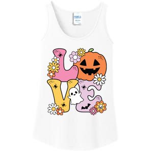 Groovy Love Halloween Floral Pumpkin Ghost Retro Ladies Essential Tank