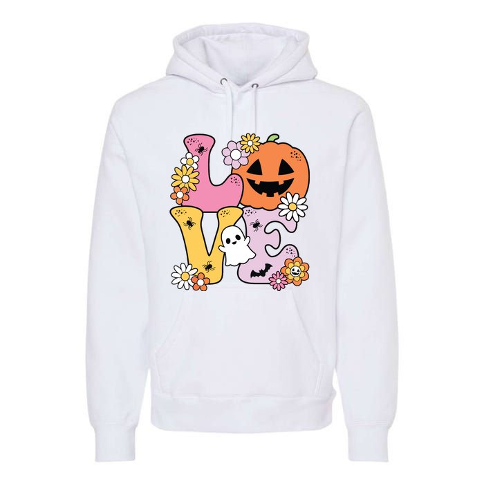 Groovy Love Halloween Floral Pumpkin Ghost Retro Premium Hoodie