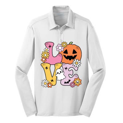 Groovy Love Halloween Floral Pumpkin Ghost Retro Silk Touch Performance Long Sleeve Polo