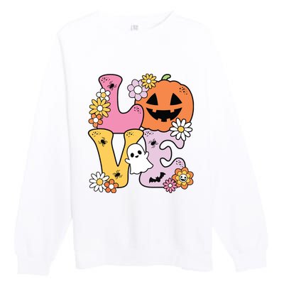 Groovy Love Halloween Floral Pumpkin Ghost Retro Premium Crewneck Sweatshirt