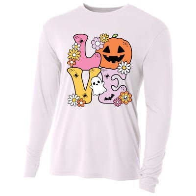 Groovy Love Halloween Floral Pumpkin Ghost Retro Cooling Performance Long Sleeve Crew