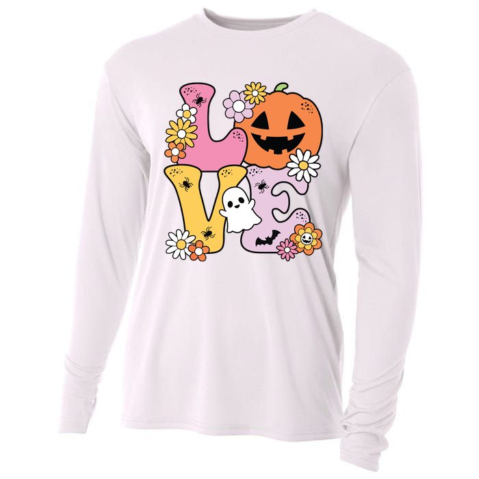 Groovy Love Halloween Floral Pumpkin Ghost Retro Cooling Performance Long Sleeve Crew