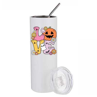 Groovy Love Halloween Floral Pumpkin Ghost Retro Stainless Steel Tumbler