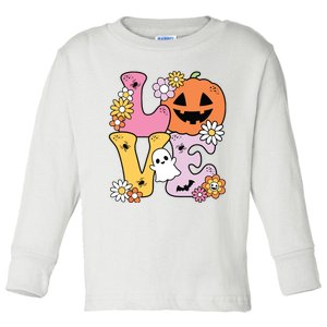 Groovy Love Halloween Floral Pumpkin Ghost Retro Toddler Long Sleeve Shirt