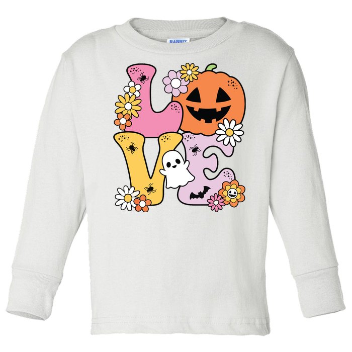 Groovy Love Halloween Floral Pumpkin Ghost Retro Toddler Long Sleeve Shirt