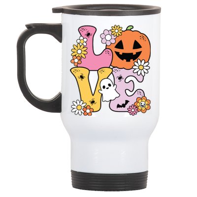 Groovy Love Halloween Floral Pumpkin Ghost Retro Stainless Steel Travel Mug