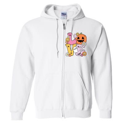 Groovy Love Halloween Floral Pumpkin Ghost Retro Full Zip Hoodie