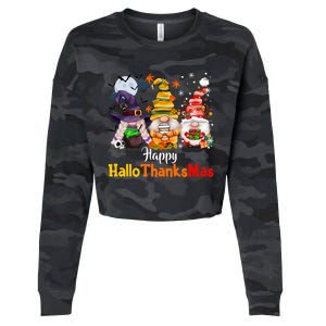 Gnomes Lover Halloween Merry Christmas Happy Hallothanksmas Cropped Pullover Crew