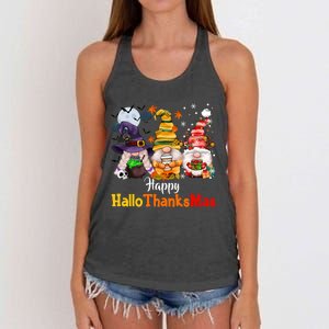 Gnomes Lover Halloween Merry Christmas Happy Hallothanksmas Women's Knotted Racerback Tank