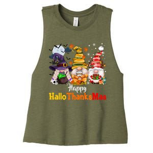 Gnomes Lover Halloween Merry Christmas Happy Hallothanksmas Women's Racerback Cropped Tank