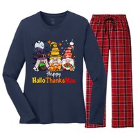 Gnomes Lover Halloween Merry Christmas Happy Hallothanksmas Women's Long Sleeve Flannel Pajama Set 