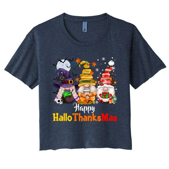 Gnomes Lover Halloween Merry Christmas Happy Hallothanksmas Women's Crop Top Tee