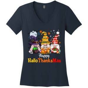 Gnomes Lover Halloween Merry Christmas Happy Hallothanksmas Women's V-Neck T-Shirt