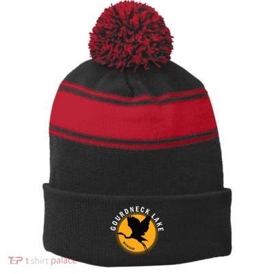 Gourdneck Lake In Michigan Heron Sunrise Stripe Pom Pom Beanie