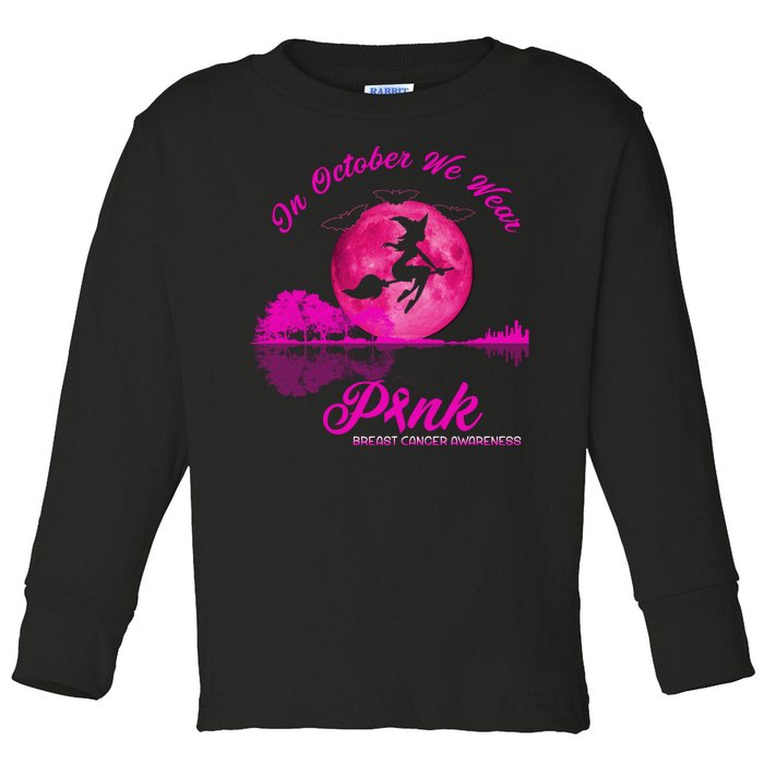 Guitar Lake In October We Wear Pink Breast Cancer Halloween Toddler Long Sleeve Shirt