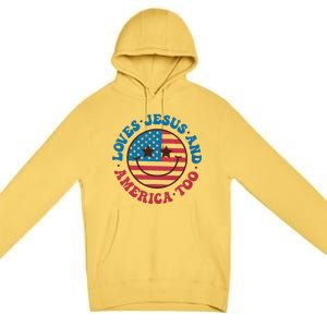 Groovy Loves Jesus And America Too God Christian 4th Of July Premium Pullover Hoodie