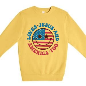 Groovy Loves Jesus And America Too God Christian 4th Of July Premium Crewneck Sweatshirt