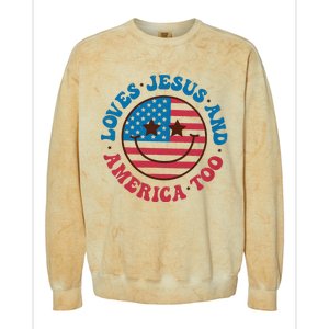 Groovy Loves Jesus And America Too God Christian 4th Of July Colorblast Crewneck Sweatshirt