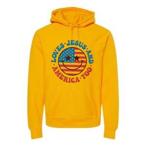 Groovy Loves Jesus And America Too God Christian 4th Of July Premium Hoodie