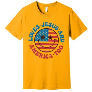 Groovy Loves Jesus And America Too God Christian 4th Of July Premium T-Shirt