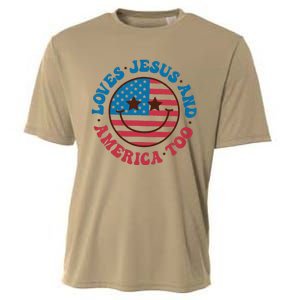 Groovy Loves Jesus And America Too God Christian 4th Of July Cooling Performance Crew T-Shirt