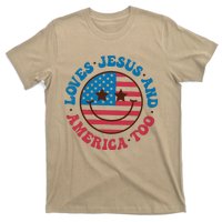 Groovy Loves Jesus And America Too God Christian 4th Of July T-Shirt