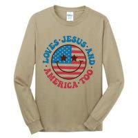 Groovy Loves Jesus And America Too God Christian 4th Of July Tall Long Sleeve T-Shirt