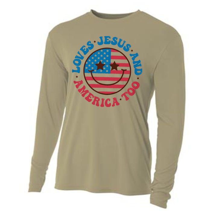 Groovy Loves Jesus And America Too God Christian 4th Of July Cooling Performance Long Sleeve Crew