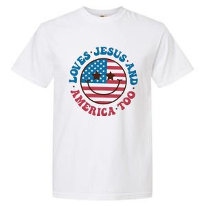 Groovy Loves Jesus And America Too God Christian 4th Of July Garment-Dyed Heavyweight T-Shirt