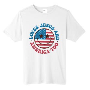 Groovy Loves Jesus And America Too God Christian 4th Of July Tall Fusion ChromaSoft Performance T-Shirt