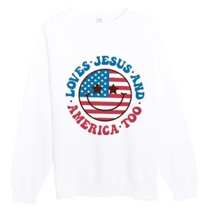 Groovy Loves Jesus And America Too God Christian 4th Of July Premium Crewneck Sweatshirt