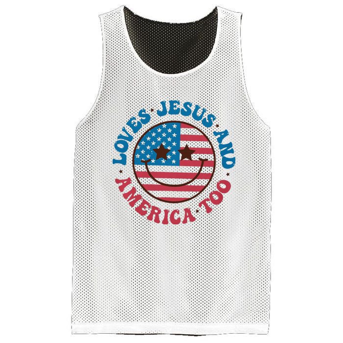 Groovy Loves Jesus And America Too God Christian 4th Of July Mesh Reversible Basketball Jersey Tank