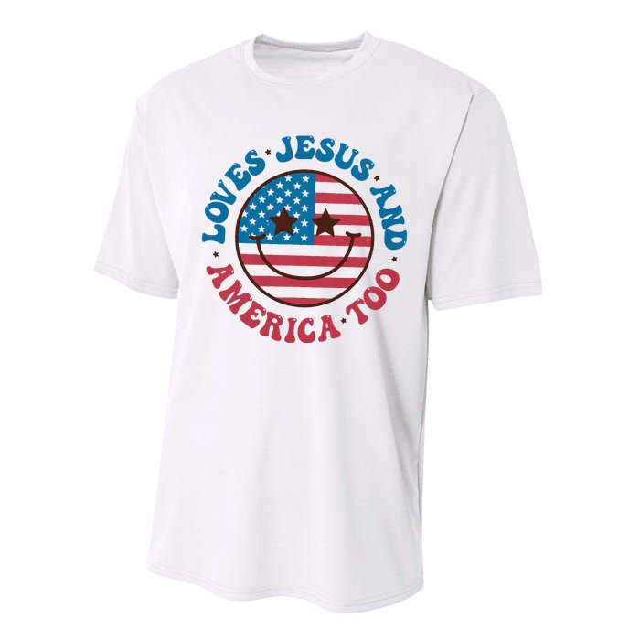 Groovy Loves Jesus And America Too God Christian 4th Of July Performance Sprint T-Shirt