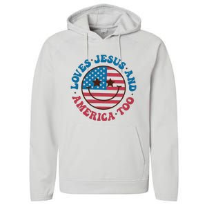 Groovy Loves Jesus And America Too God Christian 4th Of July Performance Fleece Hoodie