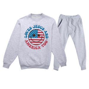 Groovy Loves Jesus And America Too God Christian 4th Of July Premium Crewneck Sweatsuit Set