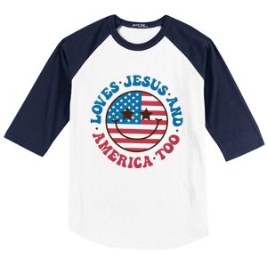 Groovy Loves Jesus And America Too God Christian 4th Of July Baseball Sleeve Shirt