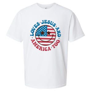 Groovy Loves Jesus And America Too God Christian 4th Of July Sueded Cloud Jersey T-Shirt