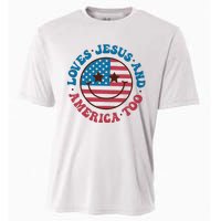 Groovy Loves Jesus And America Too God Christian 4th Of July Cooling Performance Crew T-Shirt