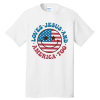 Groovy Loves Jesus And America Too God Christian 4th Of July Tall T-Shirt