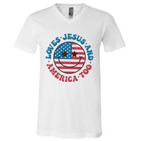 Groovy Loves Jesus And America Too God Christian 4th Of July V-Neck T-Shirt