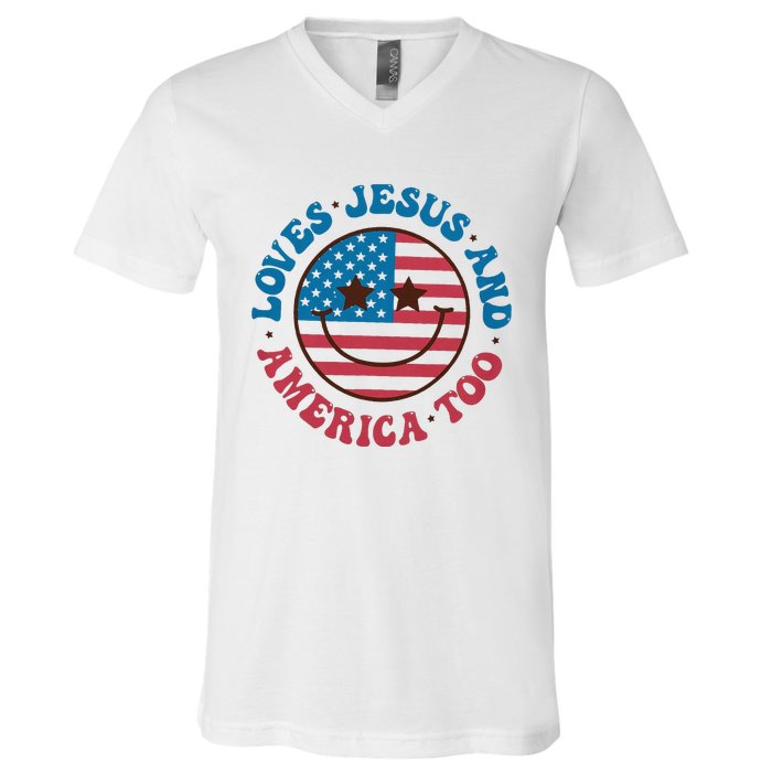 Groovy Loves Jesus And America Too God Christian 4th Of July V-Neck T-Shirt