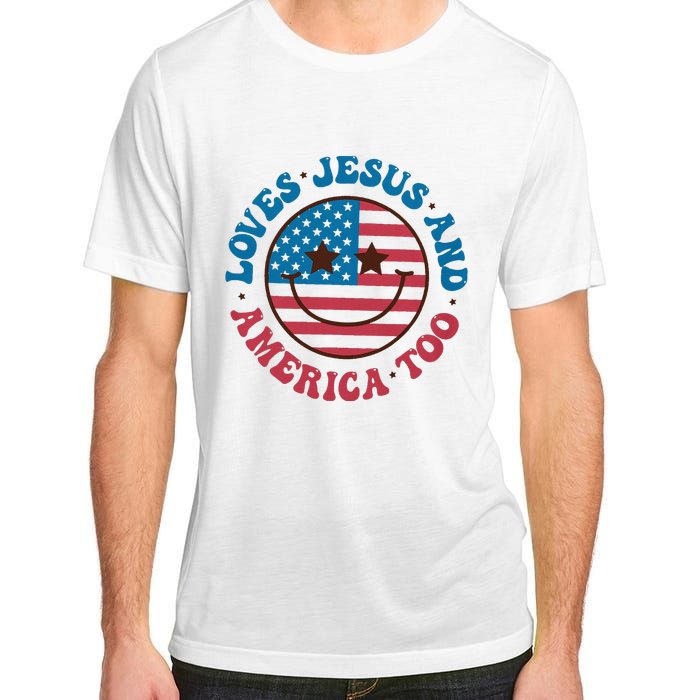 Groovy Loves Jesus And America Too God Christian 4th Of July Adult ChromaSoft Performance T-Shirt