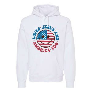 Groovy Loves Jesus And America Too God Christian 4th Of July Premium Hoodie