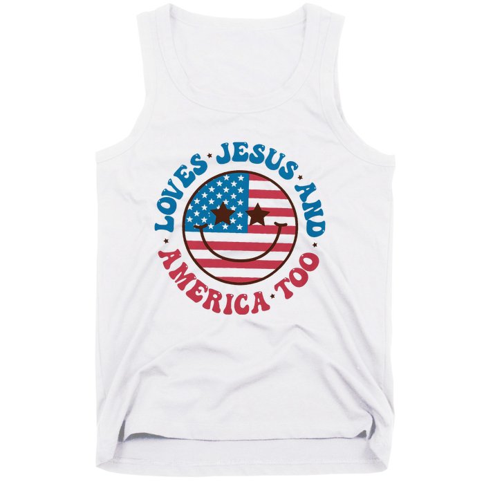 Groovy Loves Jesus And America Too God Christian 4th Of July Tank Top