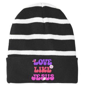 Groovy Love Like Jesus Christian 70s Hippie Striped Beanie with Solid Band